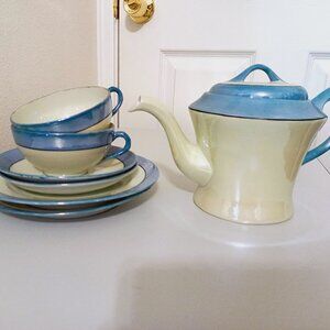 Vintage Japanese Lusterware Tea Set Kettle Cups Saucers Opalescent Blue White
